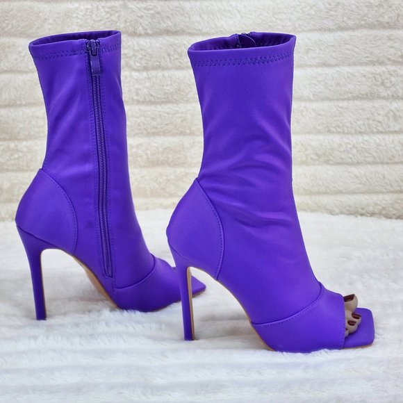 Bold Purple Stretch Square Open Toe High Heel Ankle Boots - Picture 3 of 8